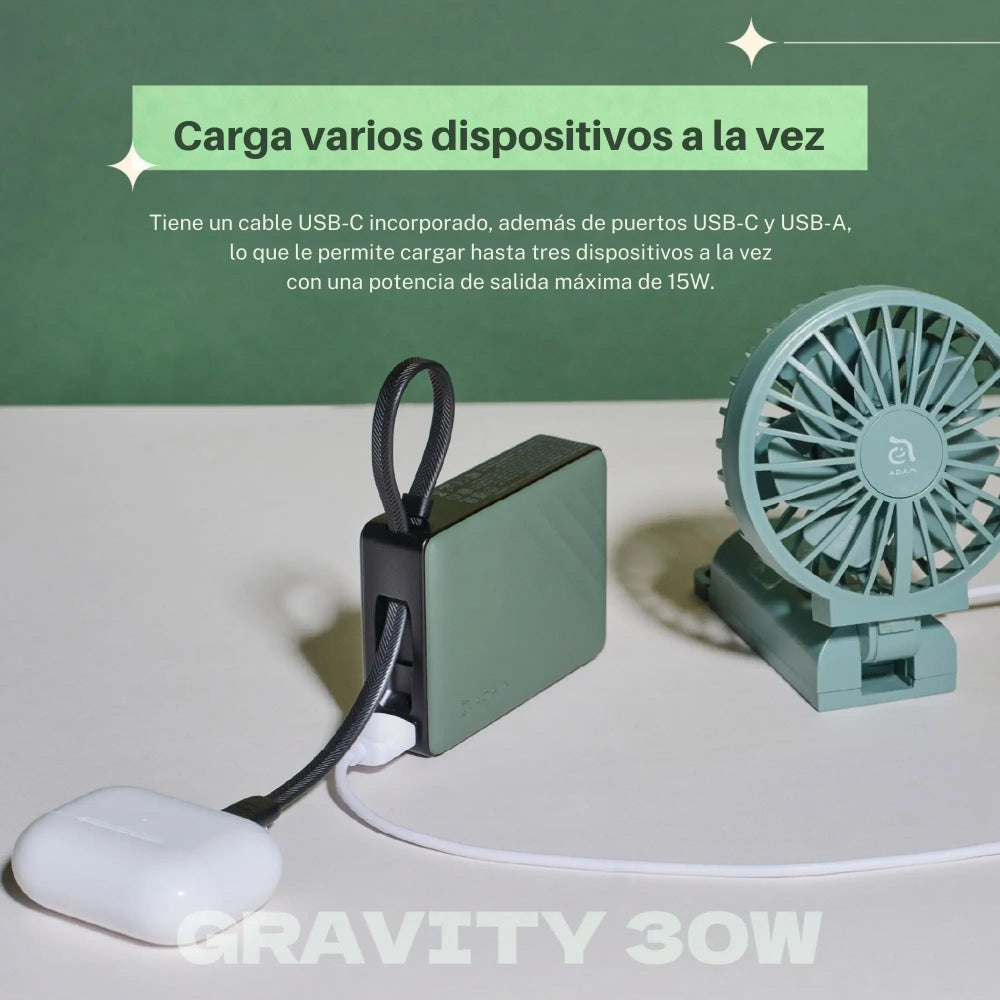 Batería magnética Adam Elements GRAVITY - 10,000mAh 30W con cable USB-C integrado - Gris
