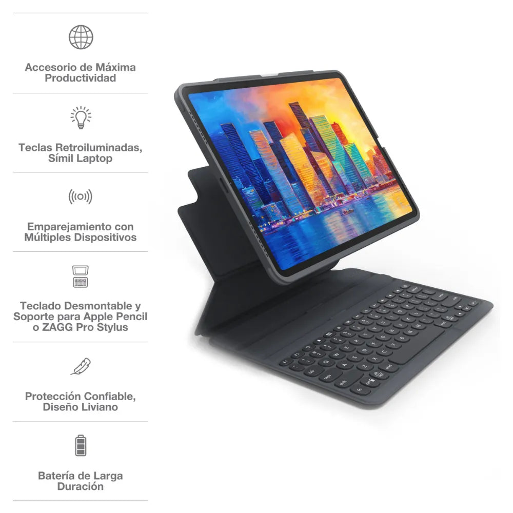 Teclado Zagg con Funda Pro Keys para iPad Pro 11 (Gen 4,3,2,1), Air 11 M2, Air 10.9 (Gen 5,4) - Negro