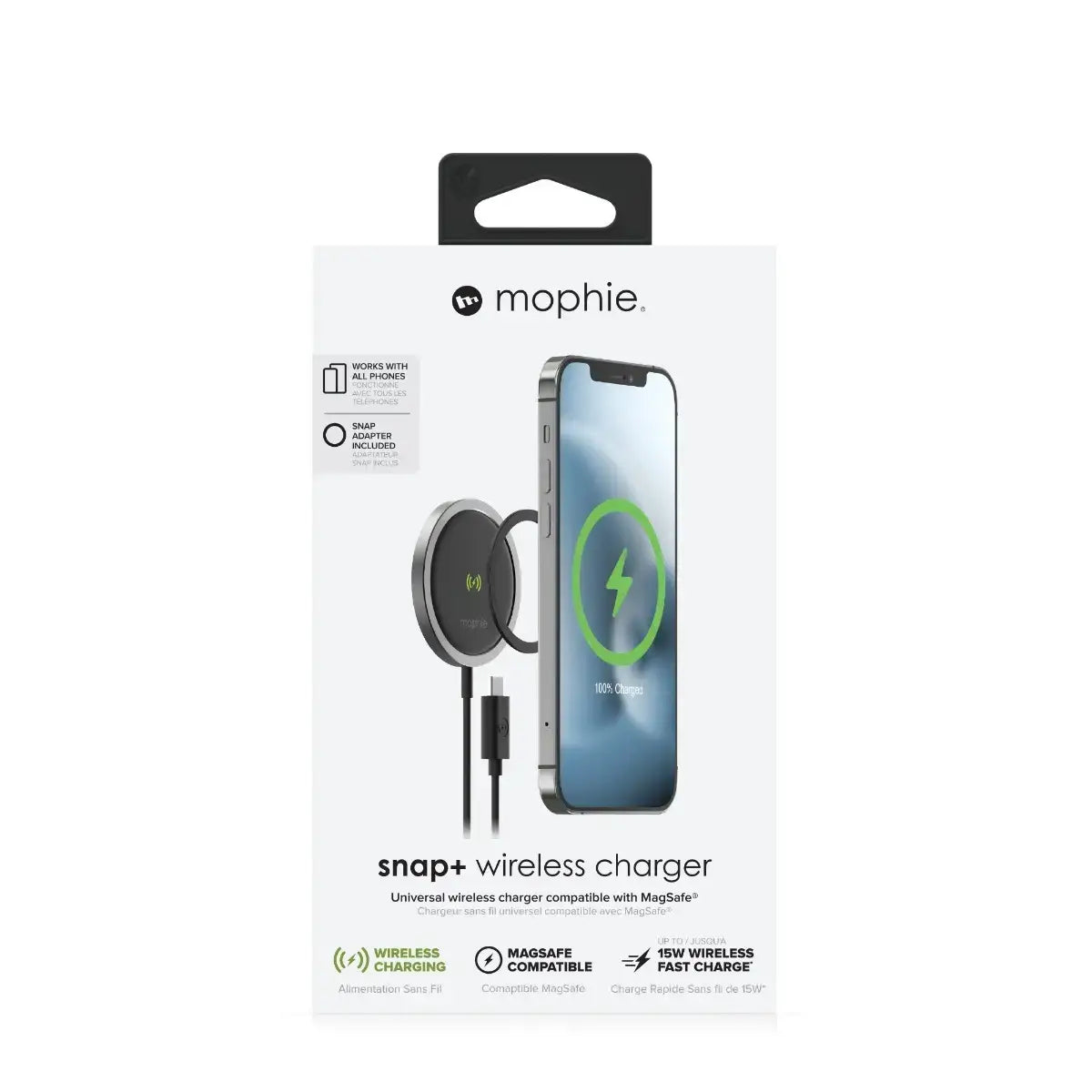 Cargador inalámbrico snap+ Mophie MagSafe 15W - Negro