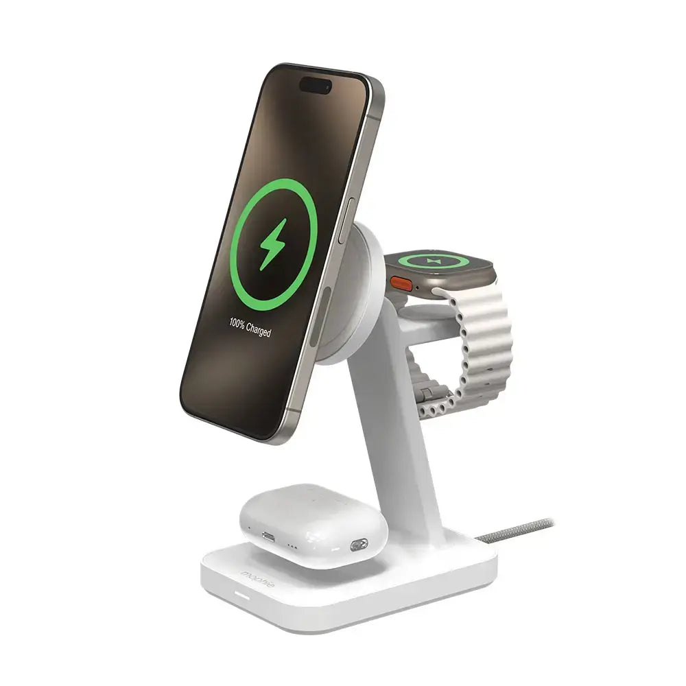 Base de Carga Inalambrico Mophie Qi2 con MagSafe 3 en 1 - Blanco