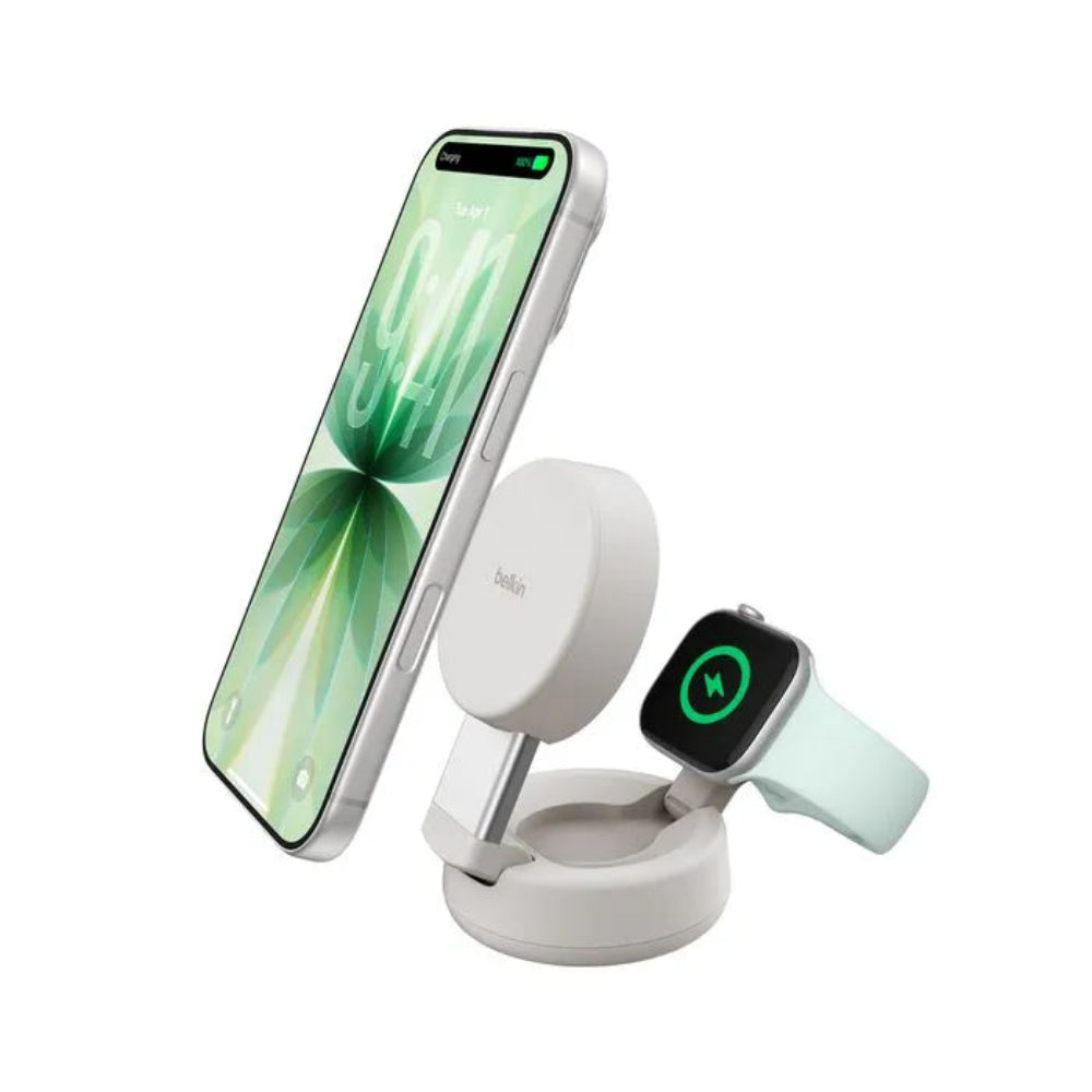 Base de Carga inalámbrica Belkin Qi2 25W 2 en 1 Ultra Charge Pro - Crema