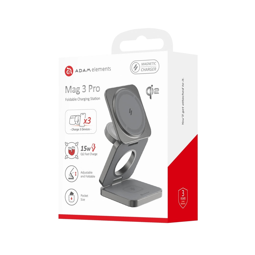 Base de Carga Inalámbrica Adam Elements Mag 3 Pro Qi2 Plegable 3 en 1 - Gris