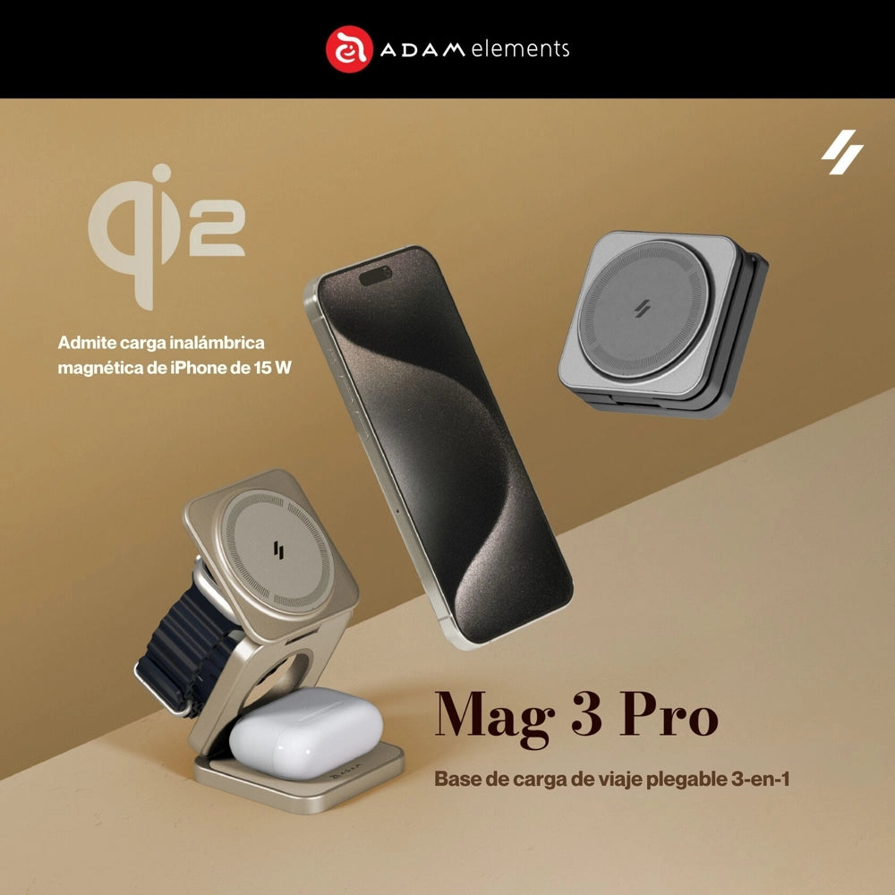Base de Carga Inalámbrica Adam Elements Mag 3 Pro Qi2 Plegable 3 en 1 - Gris