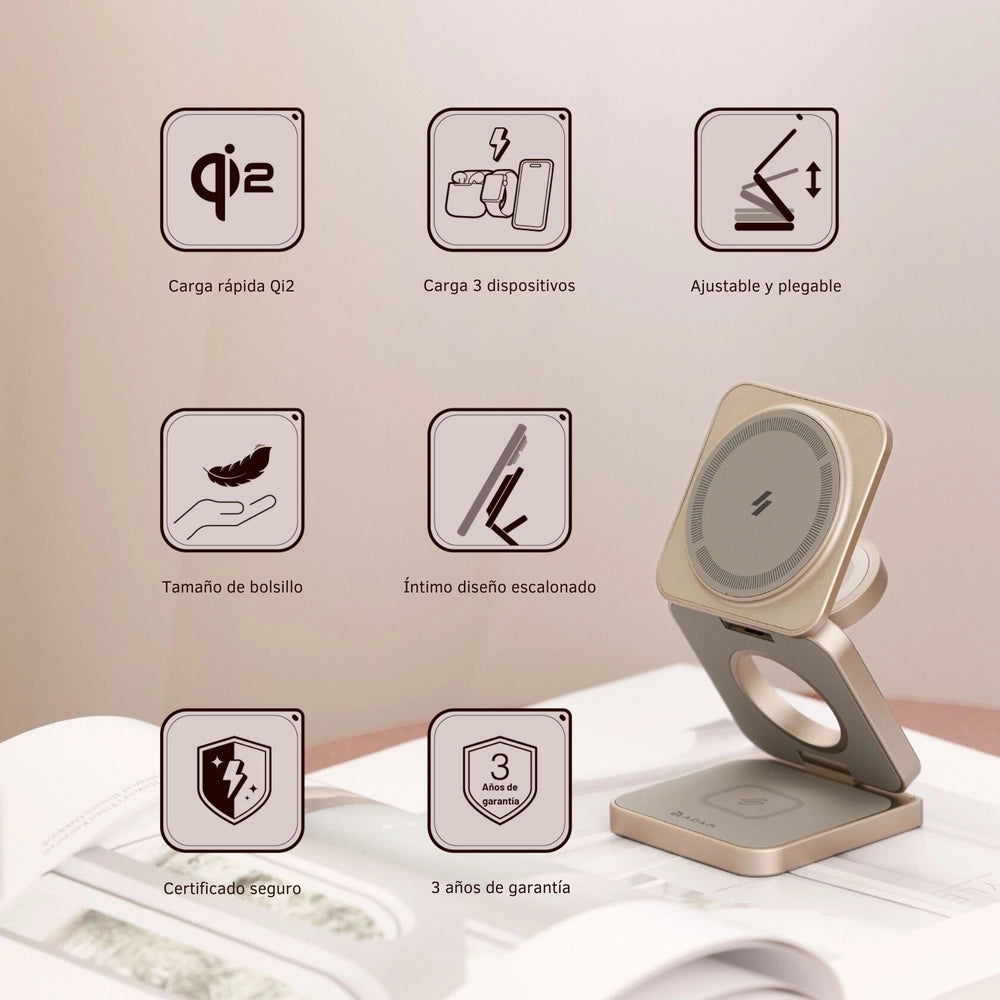 Base de Carga Inalámbrica Adam Elements Mag 3 Pro Qi2 Plegable 3 en 1 - Gris