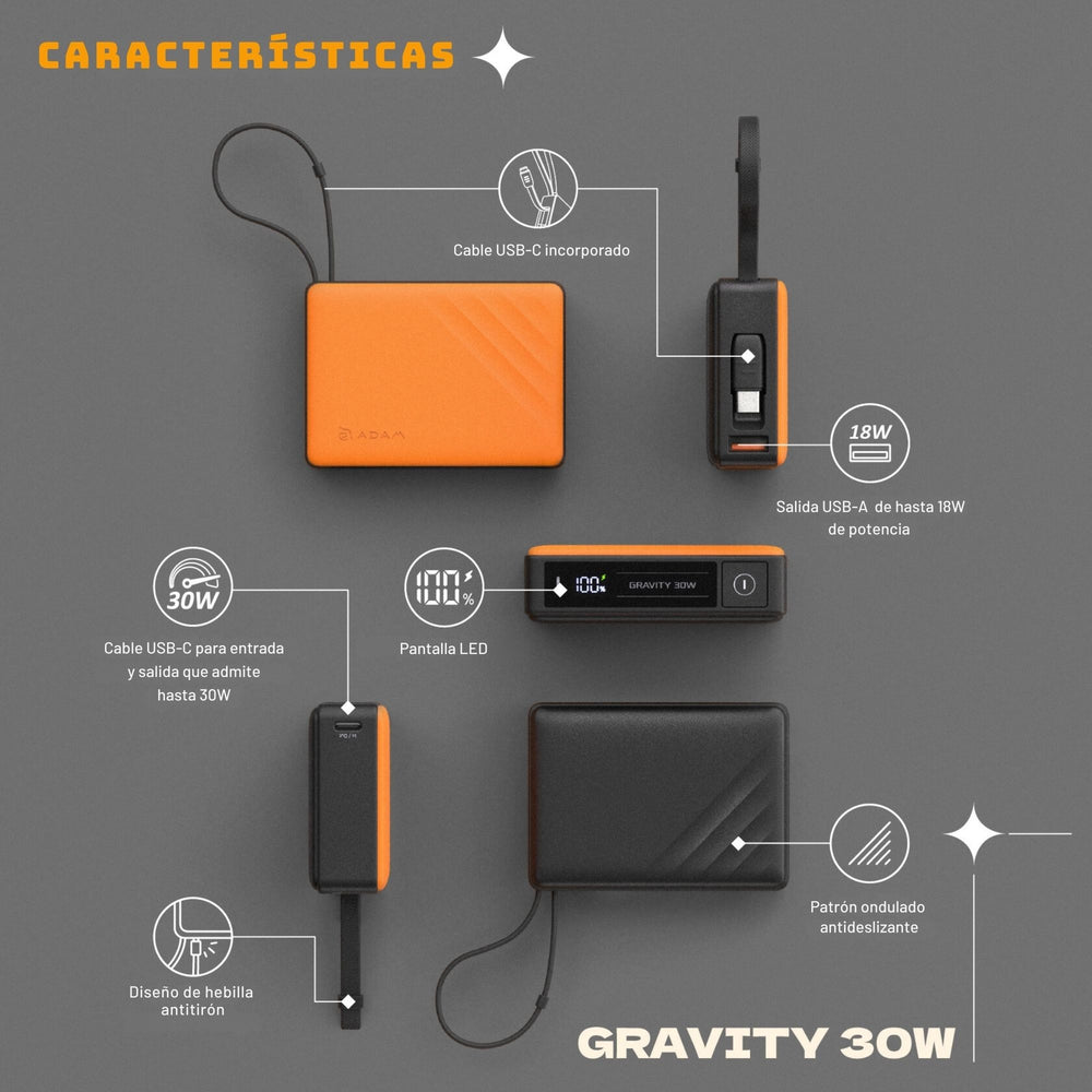 Batería magnética Adam Elements GRAVITY - 10,000mAh 30W con cable USB-C integrado  - Gris