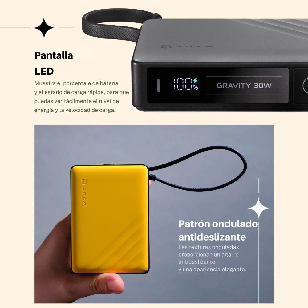 Batería magnética Adam Elements GRAVITY - 10,000mAh 30W con cable USB-C integrado  - Gris