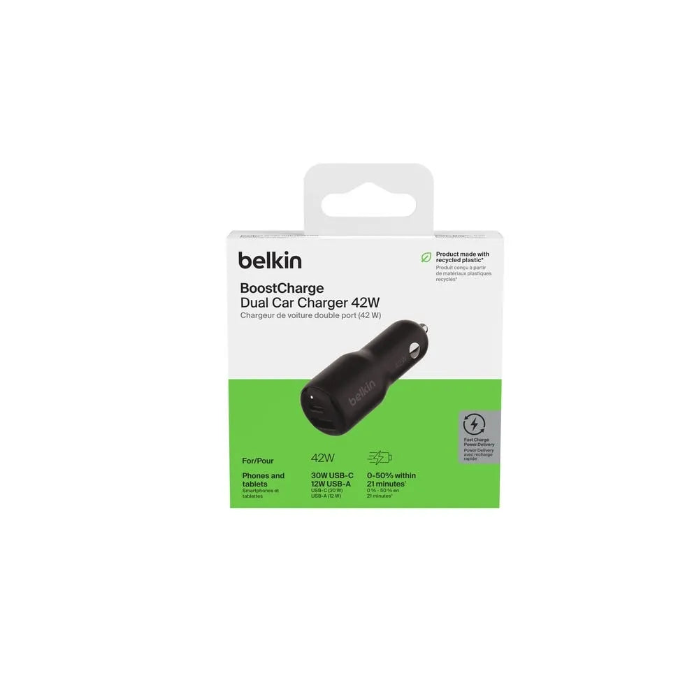 Cargador doble para carro Belkin 42W USB-C a USB-A - Negro