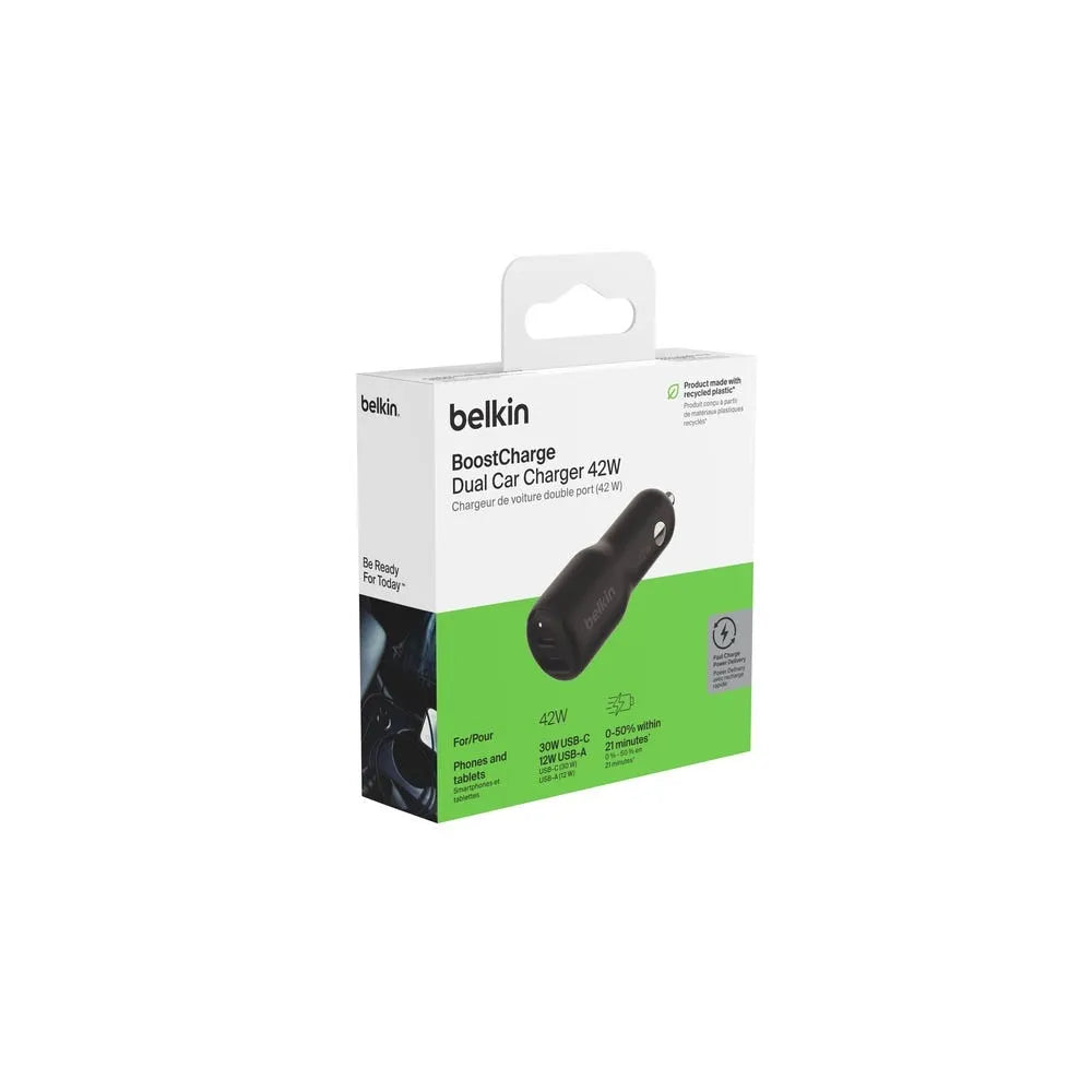 Cargador doble para carro Belkin 42W USB-C a USB-A - Negro