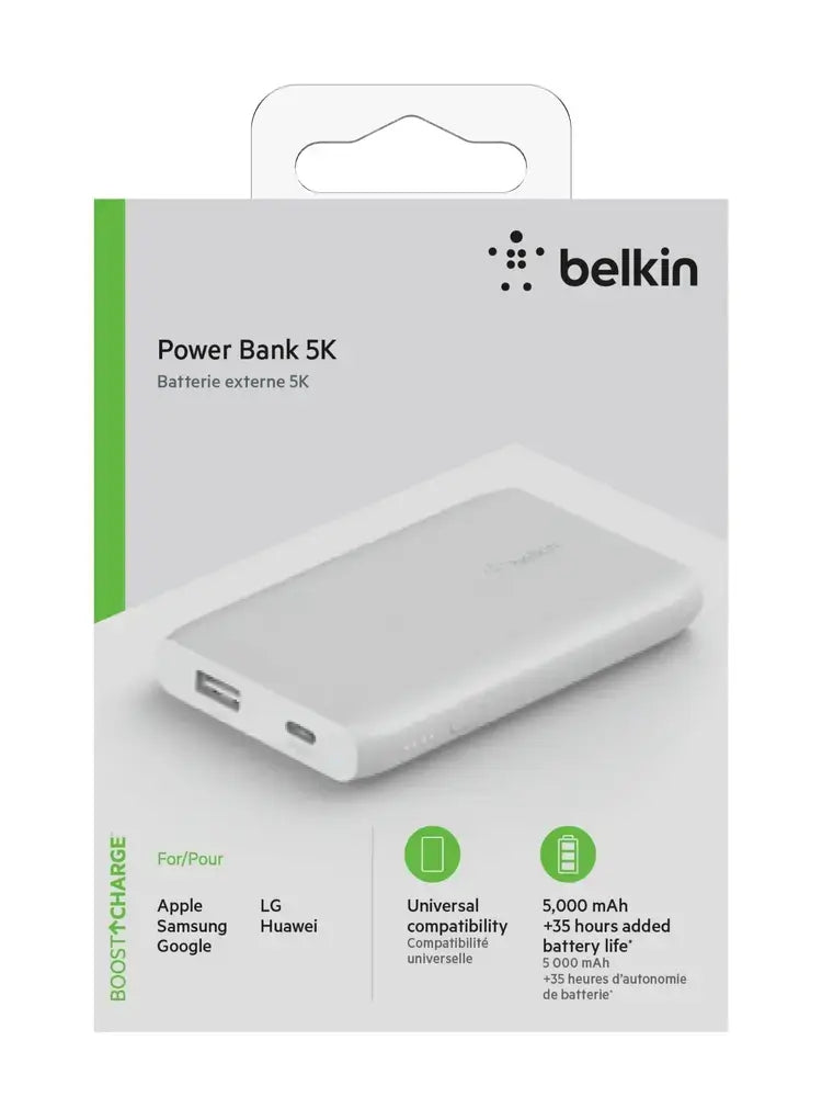 Batería Externa Belkin de 5000 mAh en 12W, USB-C Entrada, USB-A Salida - Blanco