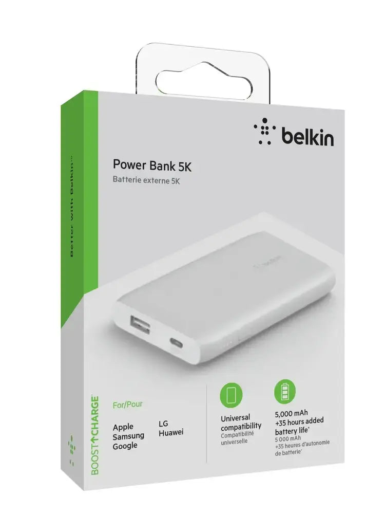 Batería Externa Belkin de 5000 mAh en 12W, USB-C Entrada, USB-A Salida - Blanco