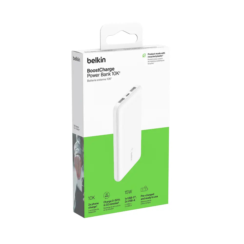 Batería Externa Belkin de 10000 mAh en 15W, USB-C y Dos USB-A - Blanco