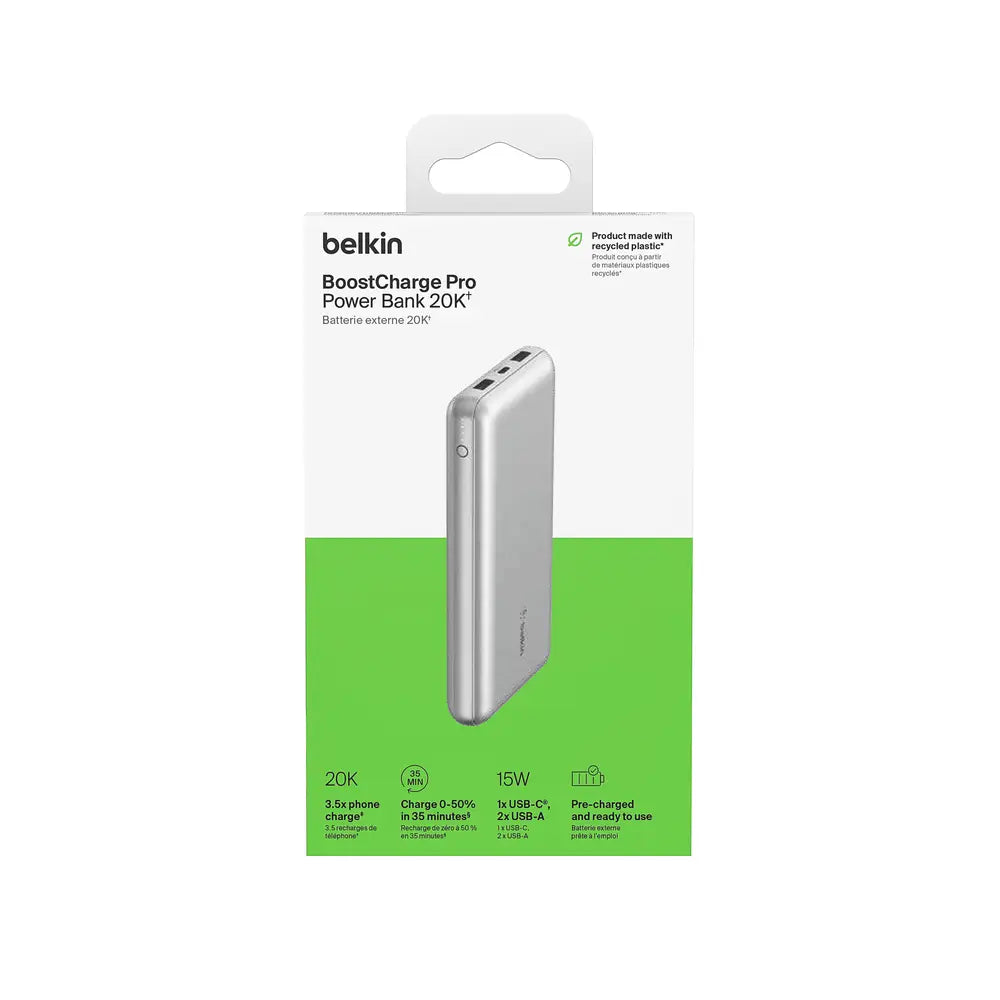 Batería Externa Belkin de 20000 mAh en 15W, USB-C y Dos USB-A - Plata