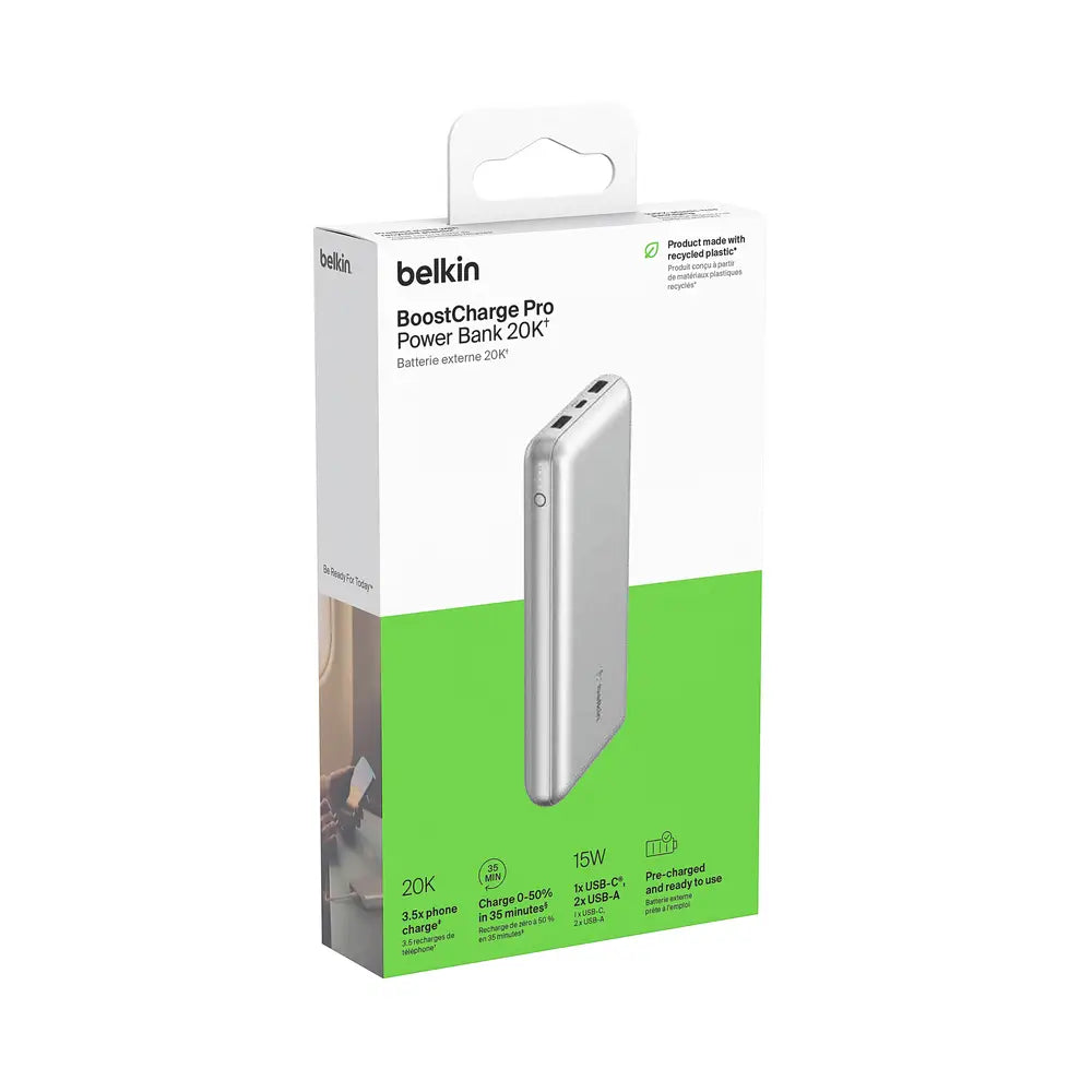 Batería Externa Belkin de 20000 mAh en 15W, USB-C y Dos USB-A - Plata