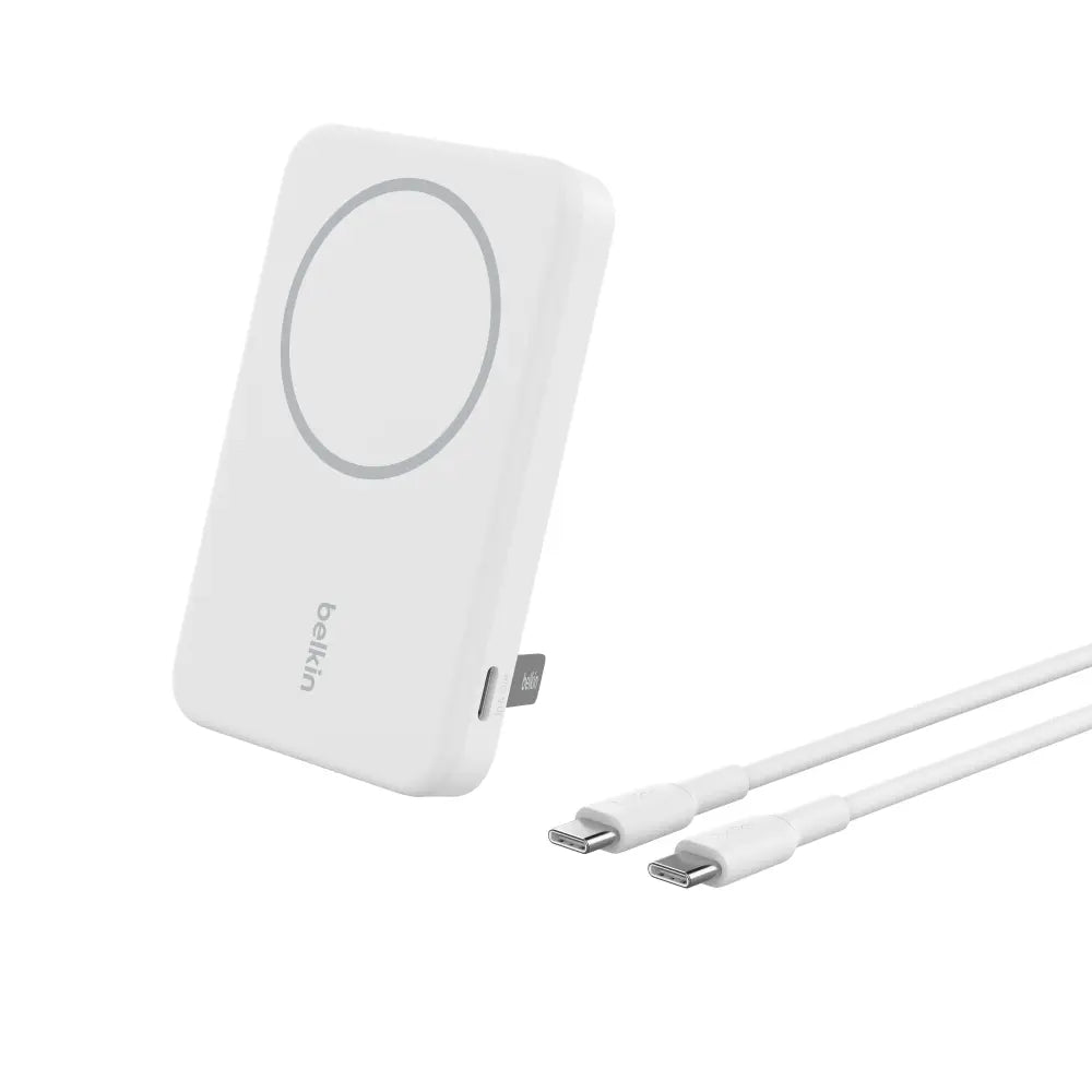 Batería Magnética Inalámbrica Belkin Qi2 15W 5000 mAh + Soporte - Blanca