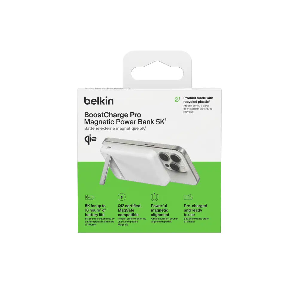 Batería Magnética Inalámbrica Belkin Qi2 15W 5000 mAh + Soporte - Blanca