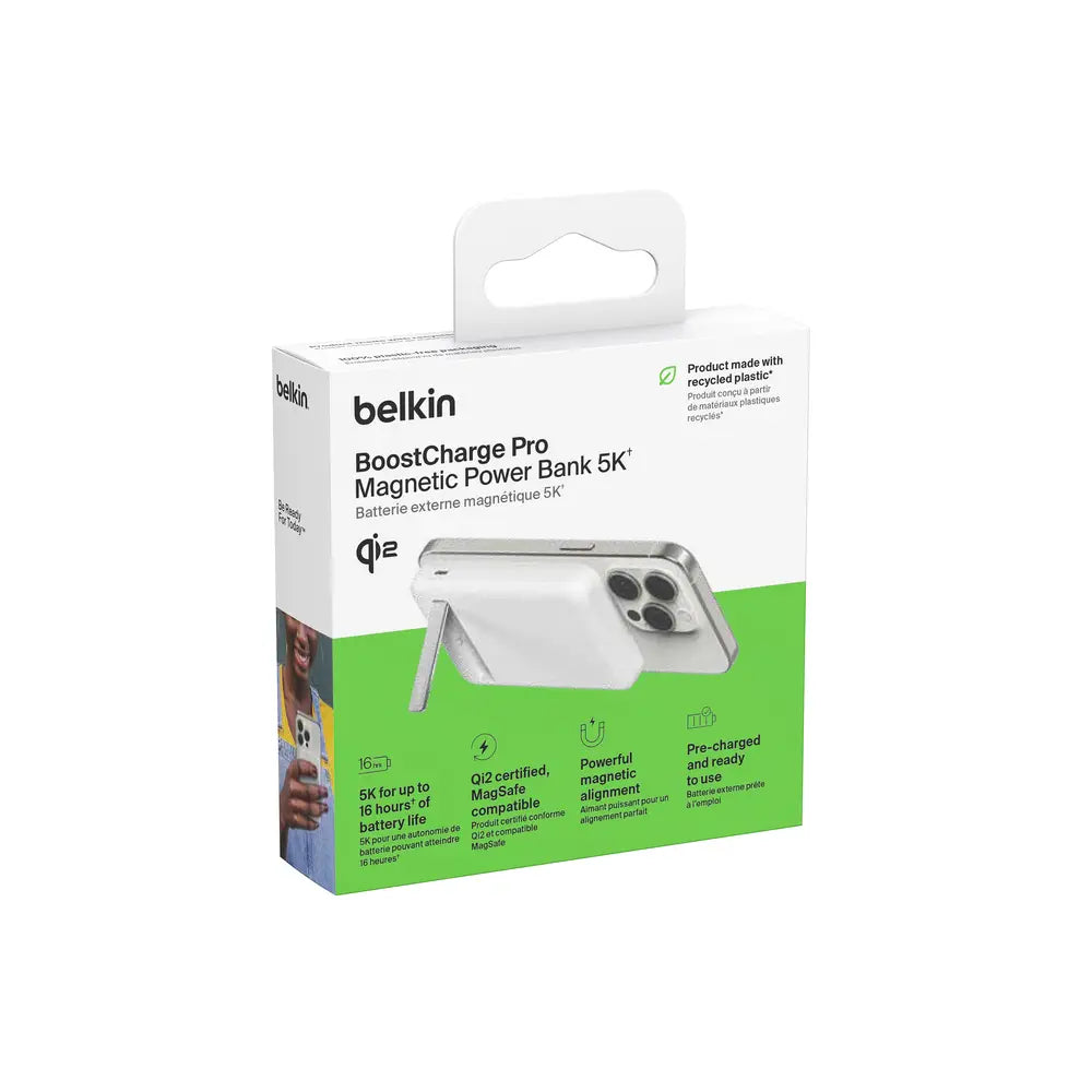 Batería Magnética Inalámbrica Belkin Qi2 15W 5000 mAh + Soporte - Blanca