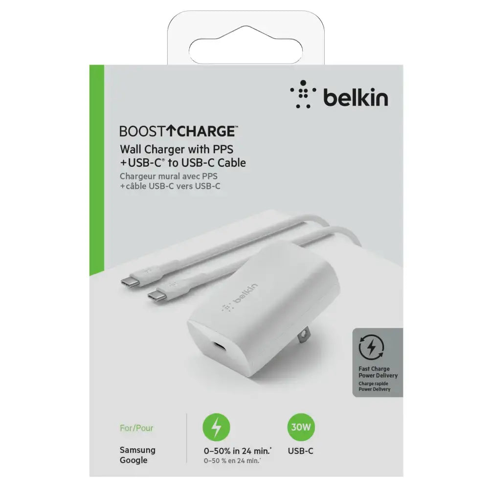 Cargador de pared Belkin USB-C PPS 30W con cable USB-C a USB-C - Blanco